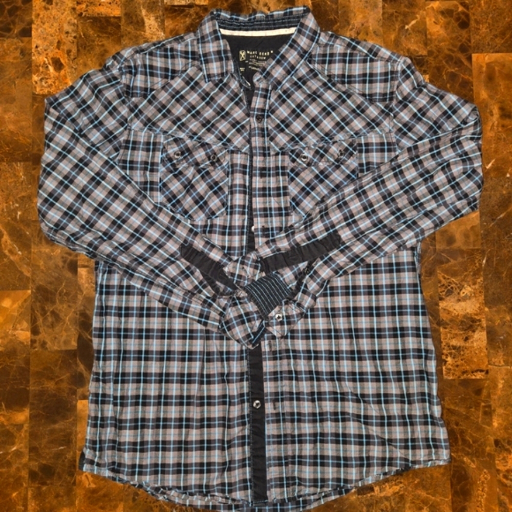 Marc Ecko Navy and White Plaid Button Down Shirt
